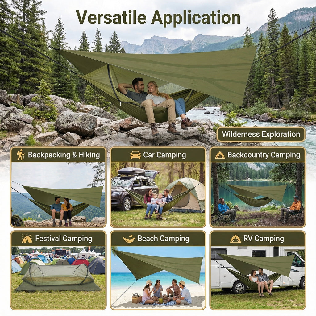 EZBY Camping Hammock with Net & Sunshade Tarp,2 Person Portable Hammocks for Outside,661lbs Max Load for Outdoor Camping Hiking Beach Park