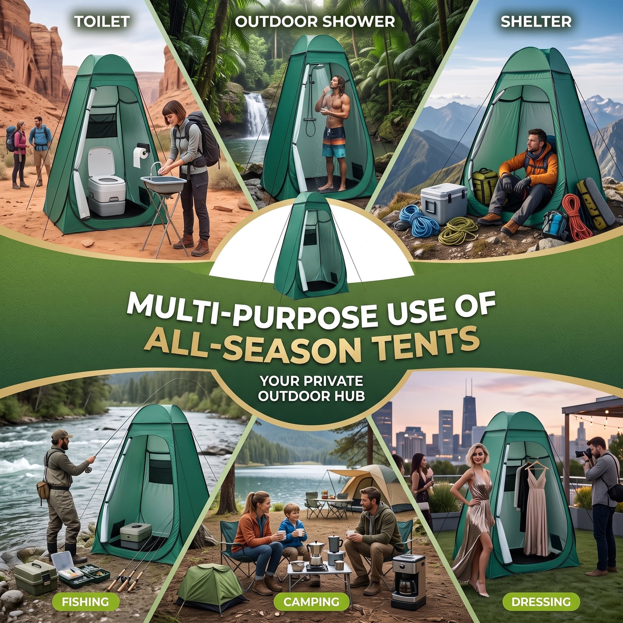 EZBY Camping Shower Tent,Pop Up Privacy Tent, Portable Outdoor Camp Toilet Changing Room,Shelter with Rainfly, Sandbags and Removable Floor for Camping Beach Hiking Travelling,Dark Green