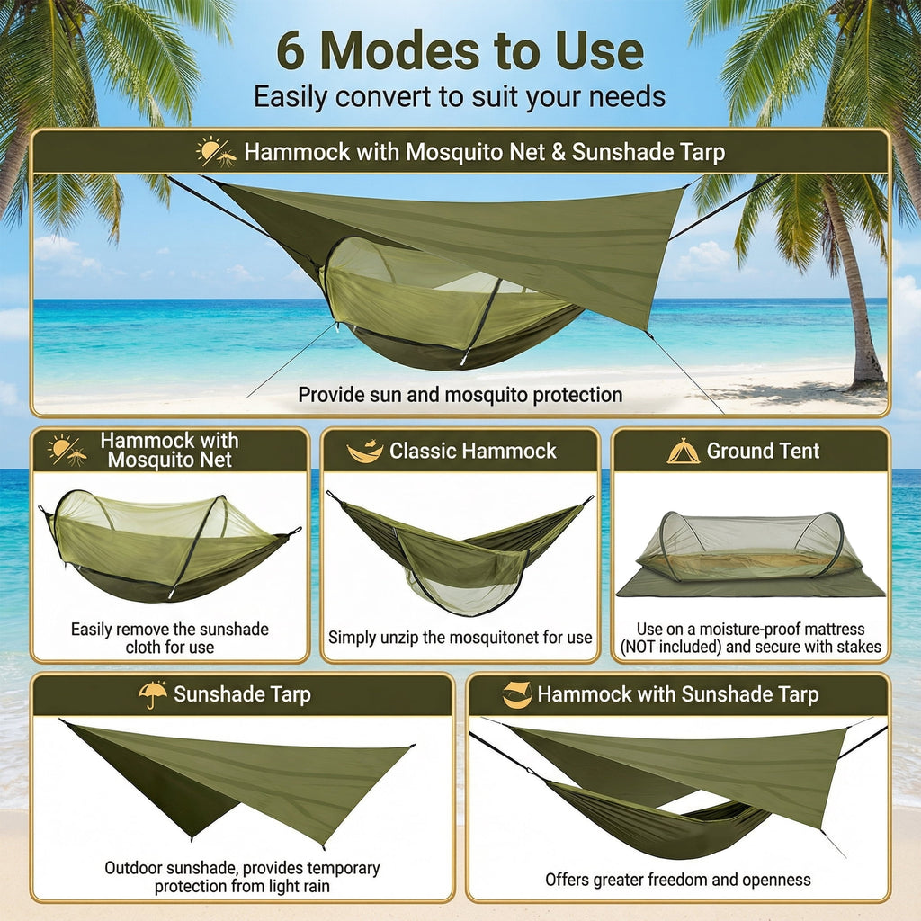 EZBY Camping Hammock with Net & Sunshade Tarp,2 Person Portable Hammocks for Outside,661lbs Max Load for Outdoor Camping Hiking Beach Park