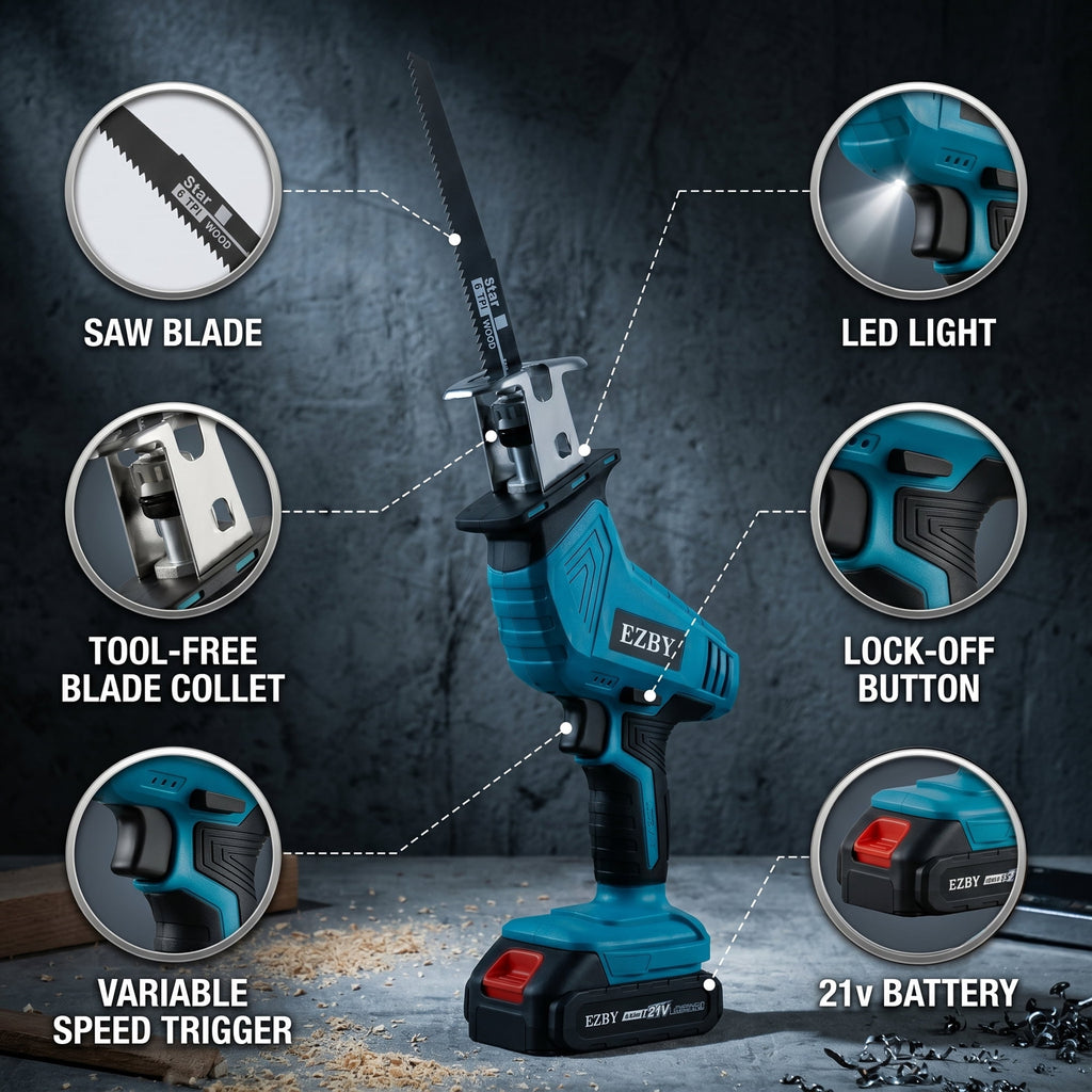 EZBY 21V Cordless Reciprocating Saw Kit, 3500 SPM Variable Speed One-Handed Power Saw with Dual 2.0Ah Batteries, Tool-Free Blade Change, 8 Alloy Blades for Wood and Metal Cutting
