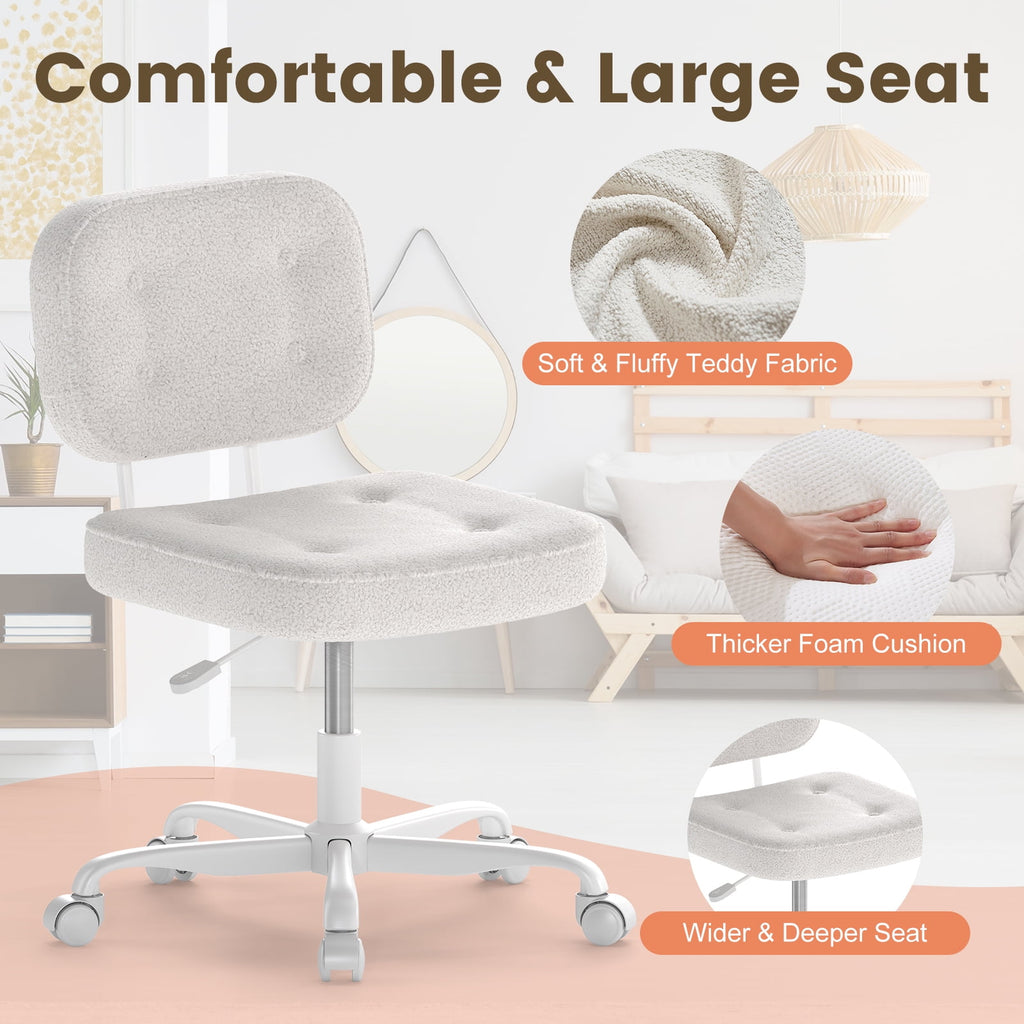YERAIRR Armless Office Chair with Wide Seat,Teddy Fleece Fabric Computer Desk Chair Thickened Cushion Vanity Chair White