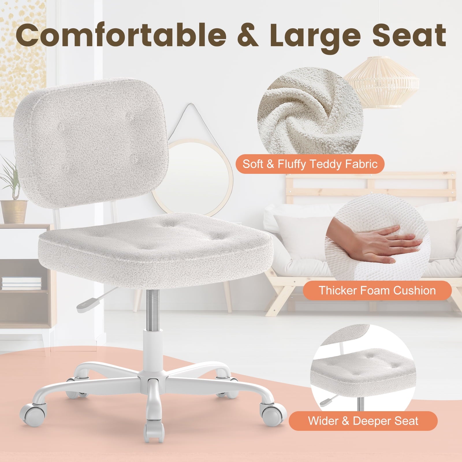 YERAIRR Armless Office Chair with Wide Seat,Teddy Fleece Fabric Computer Desk Chair Thickened Cushion Vanity Chair White