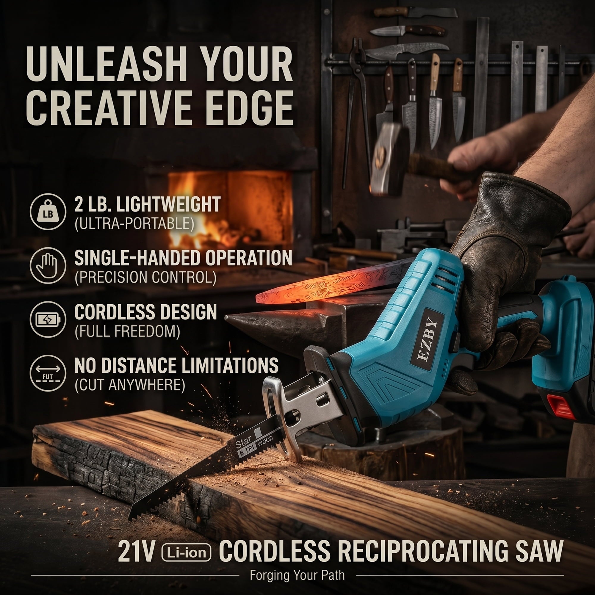 EZBY 21V Cordless Reciprocating Saw Kit, 3500 SPM Variable Speed One-Handed Power Saw with Dual 2.0Ah Batteries, Tool-Free Blade Change, 8 Alloy Blades for Wood and Metal Cutting