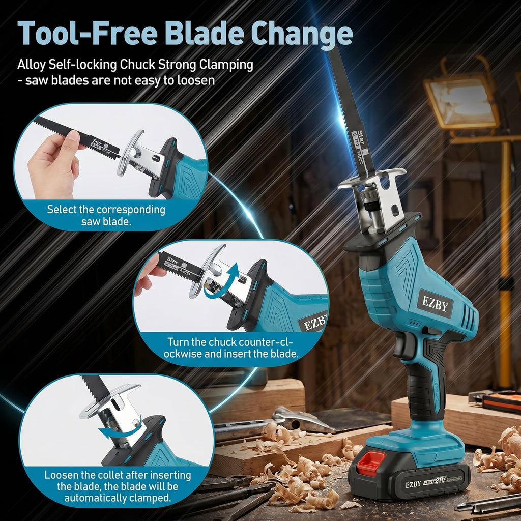 EZBY 21V Cordless Reciprocating Saw Kit, 3500 SPM Variable Speed One-Handed Power Saw with Dual 2.0Ah Batteries, Tool-Free Blade Change, 8 Alloy Blades for Wood and Metal Cutting