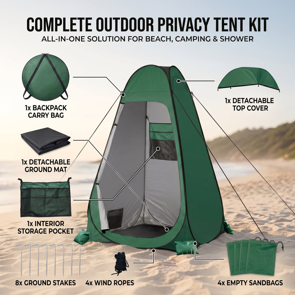 EZBY Camping Shower Tent,Pop Up Privacy Tent, Portable Outdoor Camp Toilet Changing Room,Shelter with Rainfly, Sandbags and Removable Floor for Camping Beach Hiking Travelling,Dark Green