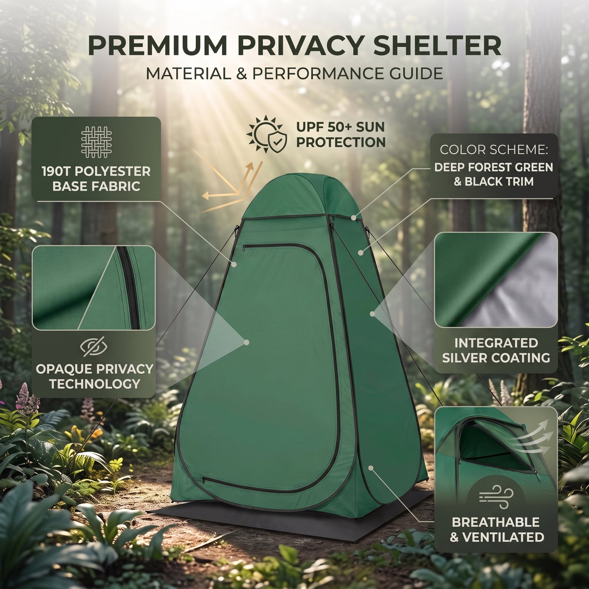 EZBY Camping Shower Tent,Pop Up Privacy Tent, Portable Outdoor Camp Toilet Changing Room,Shelter with Rainfly, Sandbags and Removable Floor for Camping Beach Hiking Travelling,Dark Green