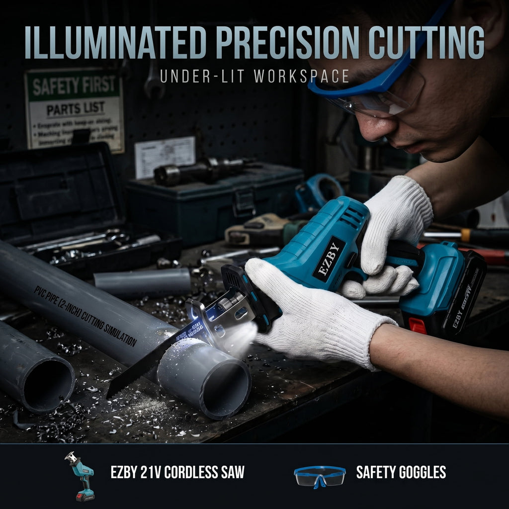 EZBY 21V Cordless Reciprocating Saw Kit, 3500 SPM Variable Speed One-Handed Power Saw with Dual 2.0Ah Batteries, Tool-Free Blade Change, 8 Alloy Blades for Wood and Metal Cutting