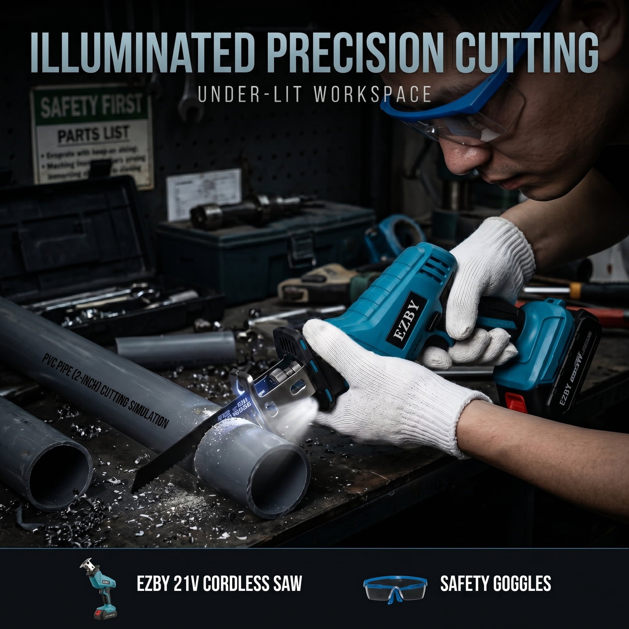 EZBY 21V Cordless Reciprocating Saw Kit, 3500 SPM Variable Speed One-Handed Power Saw with Dual 2.0Ah Batteries, Tool-Free Blade Change, 8 Alloy Blades for Wood and Metal Cutting