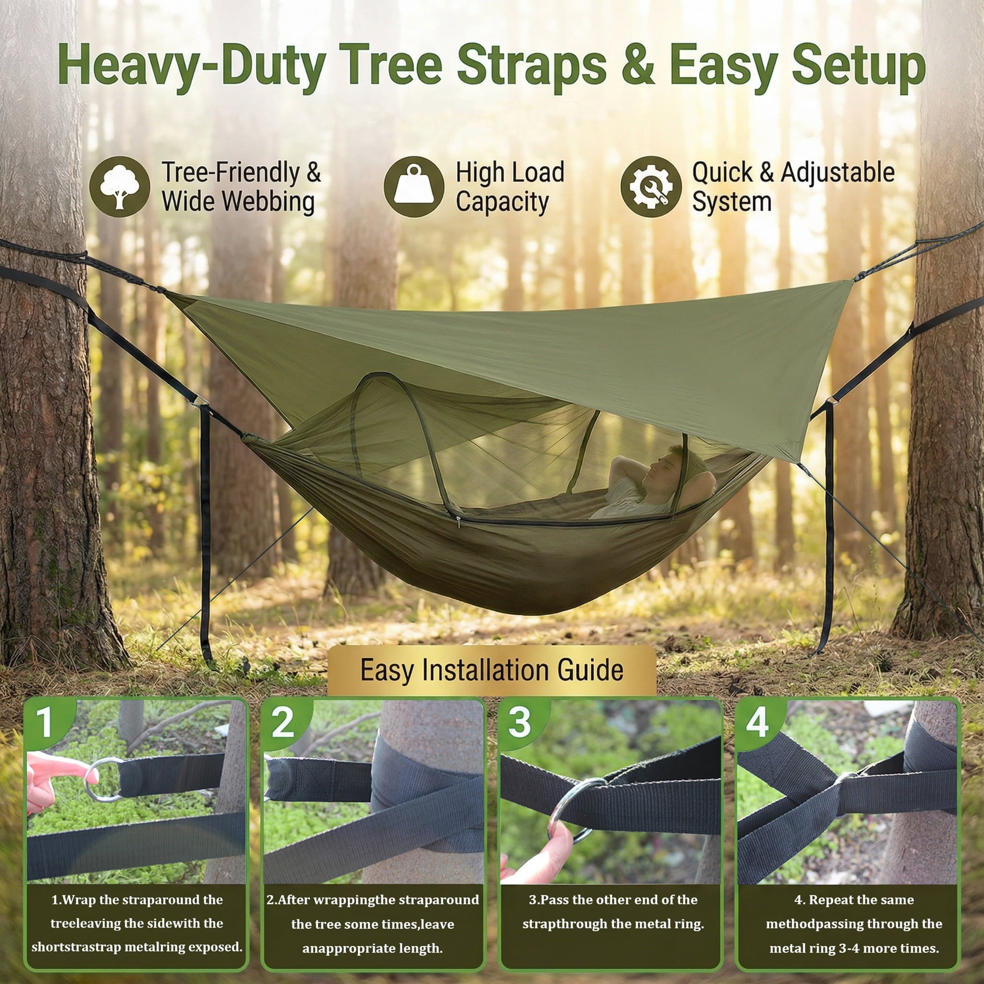 EZBY Camping Hammock with Net & Sunshade Tarp,2 Person Portable Hammocks for Outside,661lbs Max Load for Outdoor Camping Hiking Beach Park