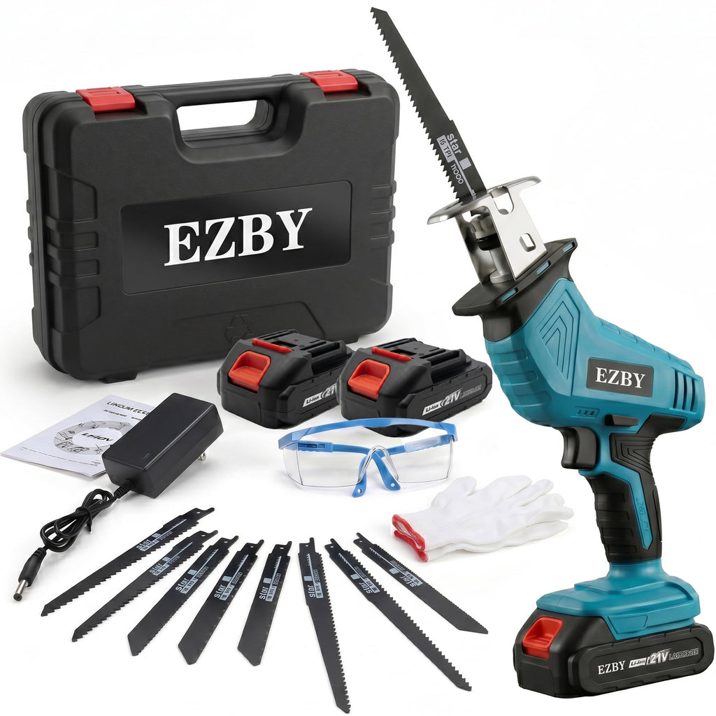 EZBY 21V Cordless Reciprocating Saw Kit, 3500 SPM Variable Speed One-Handed Power Saw with Dual 2.0Ah Batteries, Tool-Free Blade Change, 8 Alloy Blades for Wood and Metal Cutting
