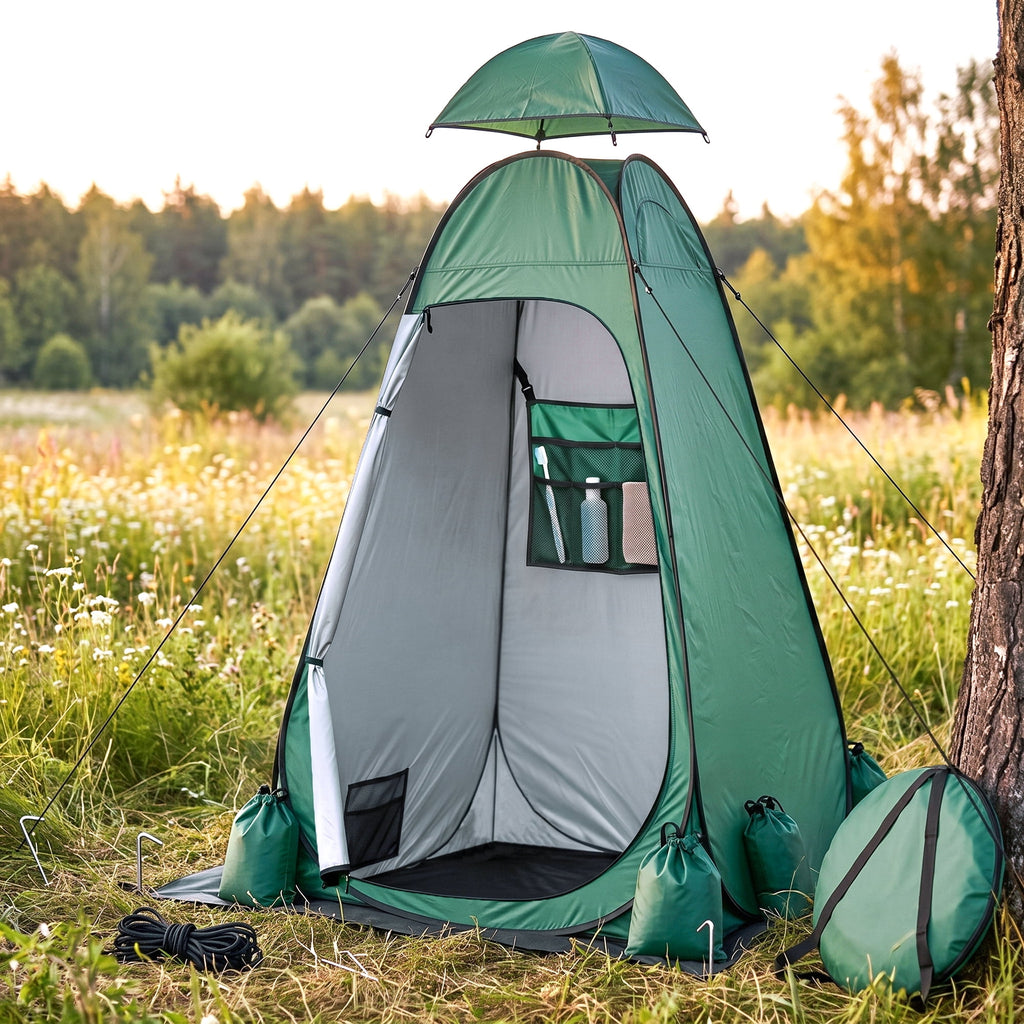 EZBY Camping Shower Tent,Pop Up Privacy Tent, Portable Outdoor Camp Toilet Changing Room,Shelter with Rainfly, Sandbags and Removable Floor for Camping Beach Hiking Travelling,Dark Green