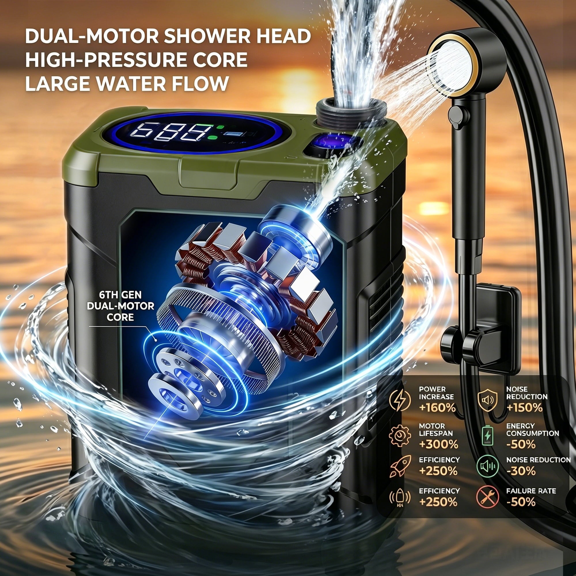 EZBY Portable Shower,10000mAh Shower Pump with Digital LCD,5 Pressure Settings,Temperature & Battery Display for Outdoor Camping,Travel,Pet Bath