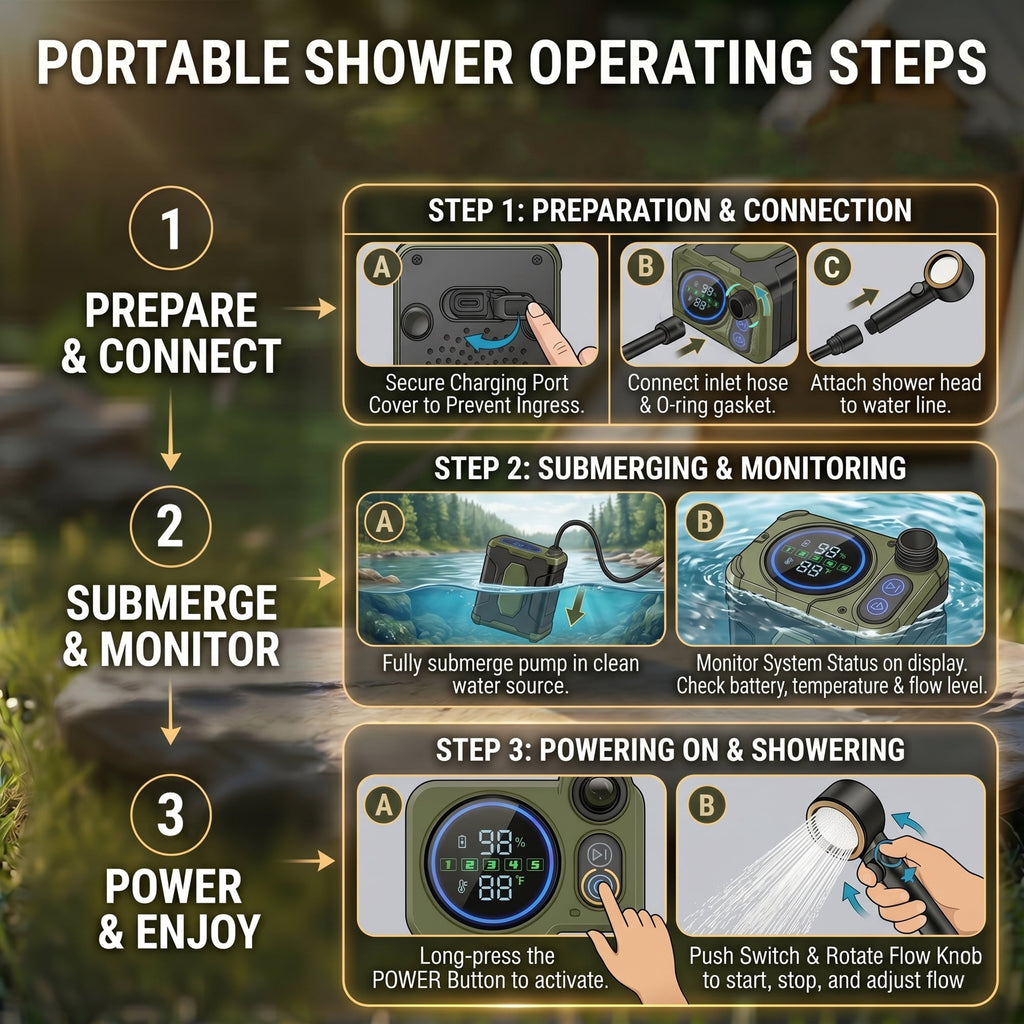 EZBY Portable Shower,10000mAh Shower Pump with Digital LCD,5 Pressure Settings,Temperature & Battery Display for Outdoor Camping,Travel,Pet Bath