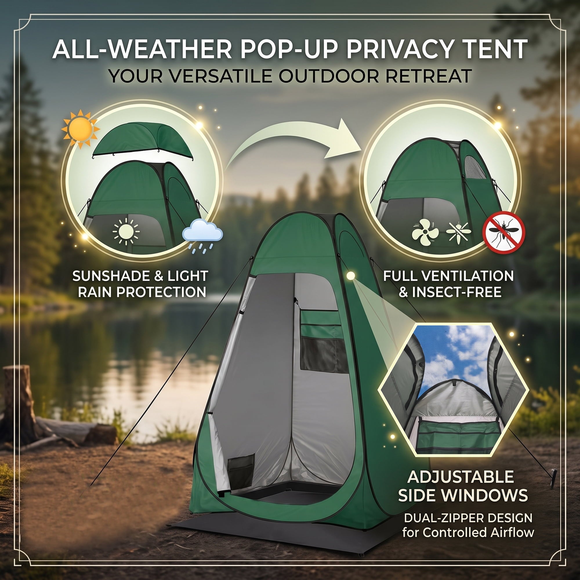 EZBY Camping Shower Tent,Pop Up Privacy Tent, Portable Outdoor Camp Toilet Changing Room,Shelter with Rainfly, Sandbags and Removable Floor for Camping Beach Hiking Travelling,Dark Green