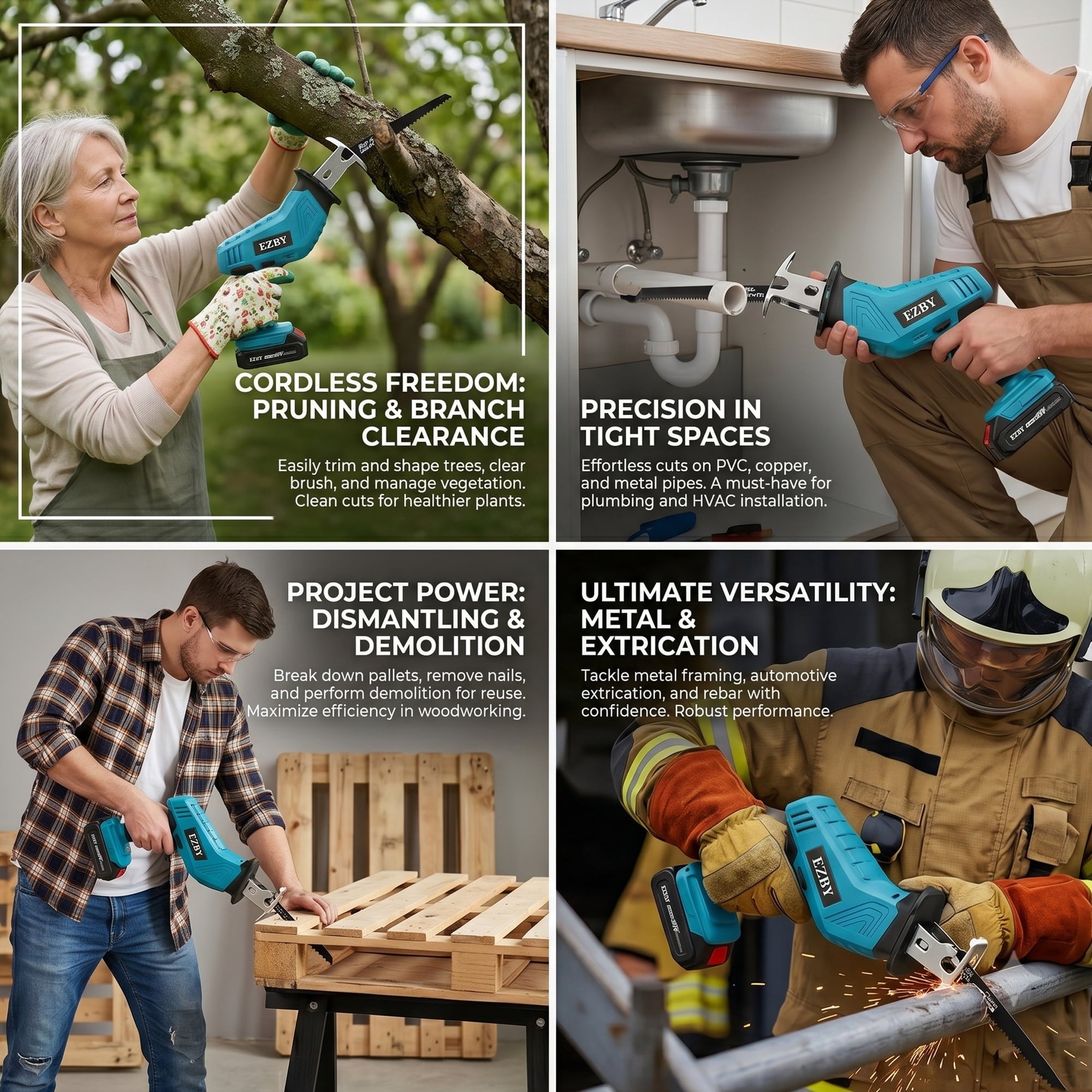 EZBY 21V Cordless Reciprocating Saw Kit, 3500 SPM Variable Speed One-Handed Power Saw with Dual 2.0Ah Batteries, Tool-Free Blade Change, 8 Alloy Blades for Wood and Metal Cutting