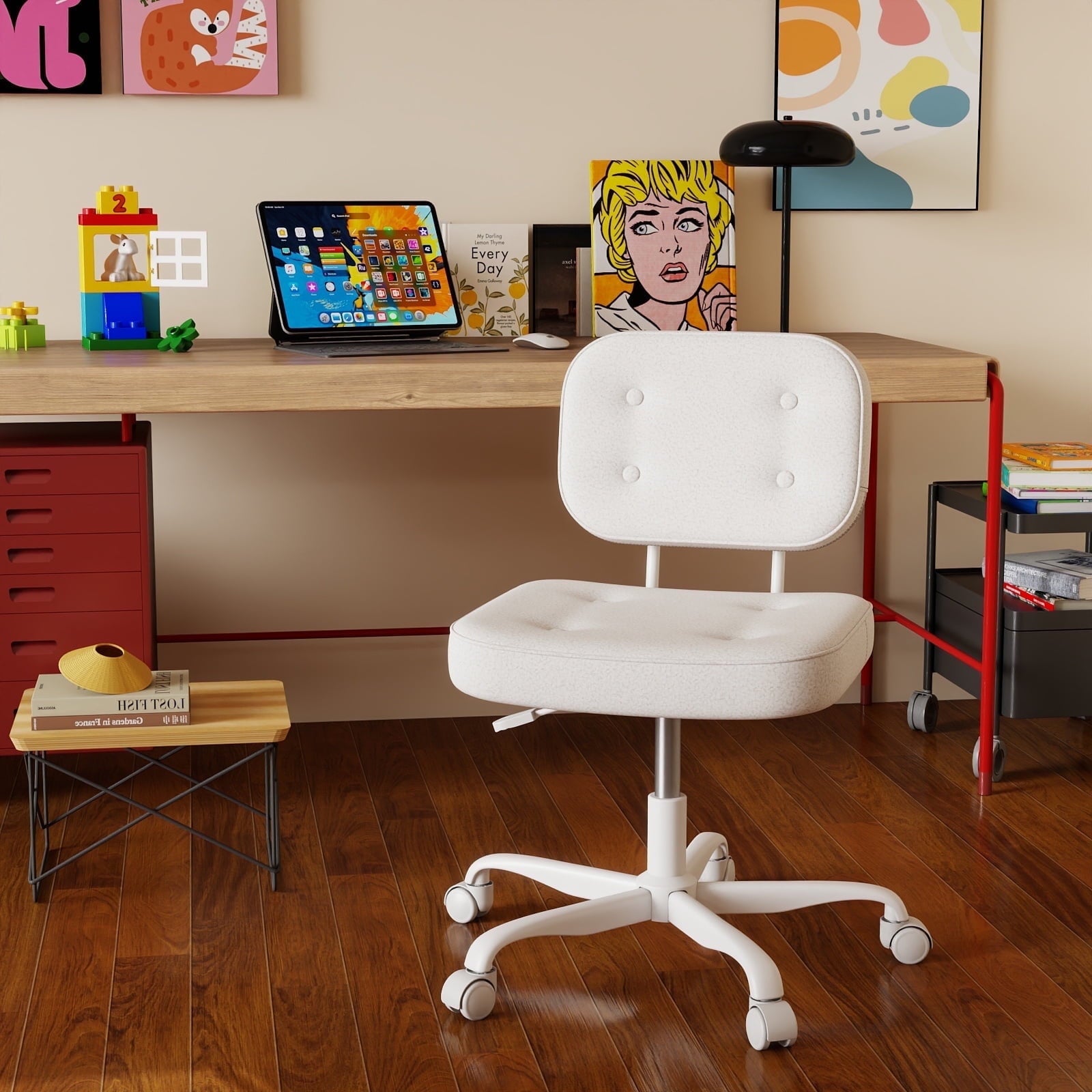 YERAIRR Armless Office Chair with Wide Seat,Teddy Fleece Fabric Computer Desk Chair Thickened Cushion Vanity Chair White