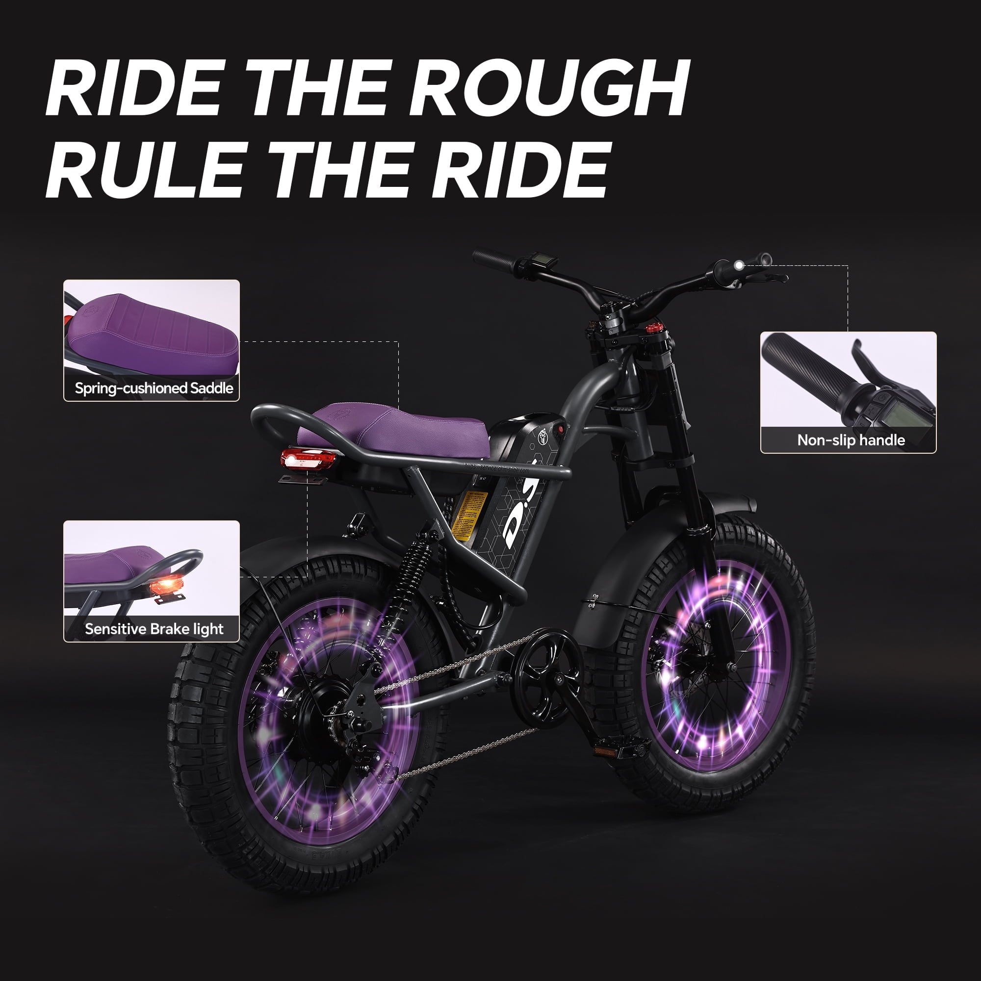 DRIFT.SLIDE D93 Pro Electric Bike for Adults, 1500W Peak Ebike, 20 Mountain Bike, 48V 20.8Ah Waterproof Removable Battery, 28 mph Max – Purple
