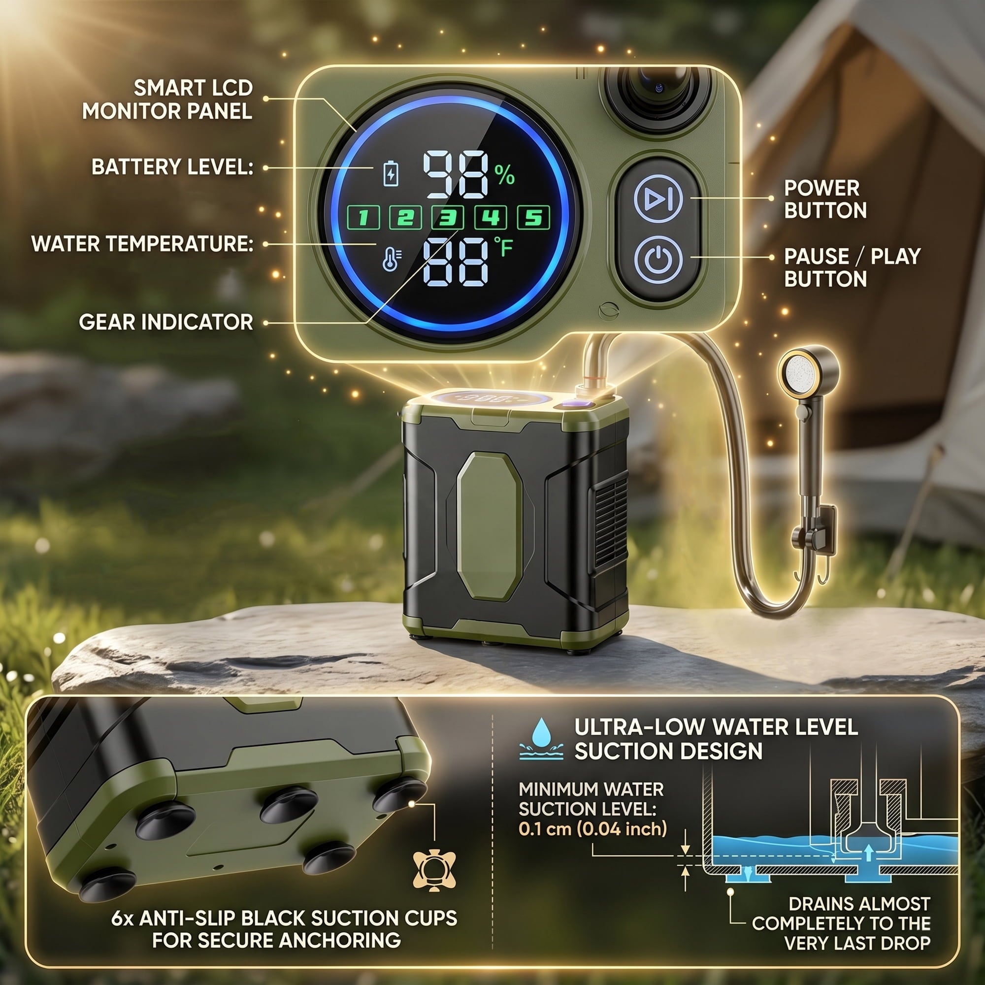 EZBY Portable Shower,10000mAh Shower Pump with Digital LCD,5 Pressure Settings,Temperature & Battery Display for Outdoor Camping,Travel,Pet Bath
